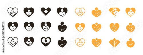 Collection of heart-shaped family and love icons in black and ye
