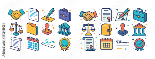 Colorful legal and business icons featuring scales, documents, s