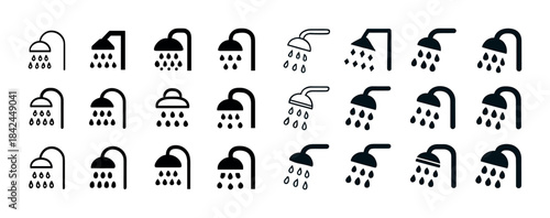 Collection of diverse shower head icon designs in black and whit