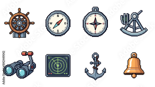 Nautical icons in pixel art: compass, anchor, sextant, and more
