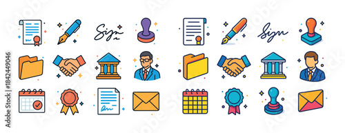Business and legal icons: documents, signatures, and contracts