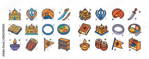 Colorful sikh symbols and traditions icons set with temples, tur