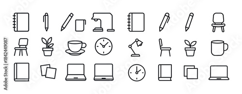 Minimalist office and study icons set featuring chair, plant, cl
