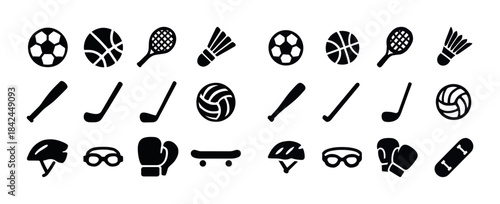 Collection of sports equipment icons in black silhouette: balls,