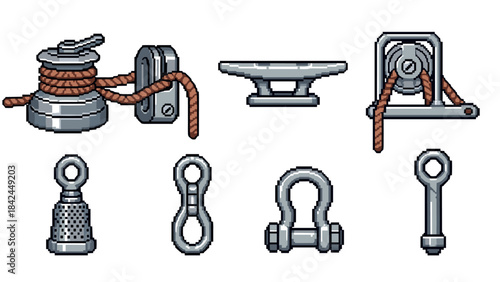 Nautical maritime knot tools in retro pixel art style