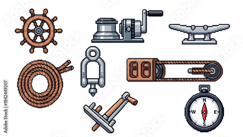 Nautical equipment pixel art: steering wheel, anchor, and compass in marine style