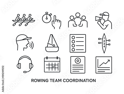 Team Rowing Icons. Rowing team coordination. Line icon set of ro