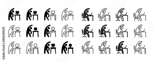 Stick figures typing and leaning at desks in various positions
