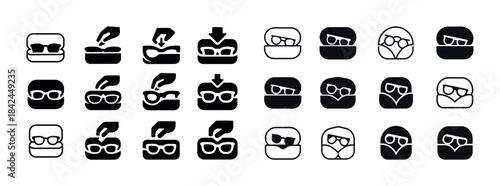 Sunglasses icon set: case, placement, styles, and storage variat