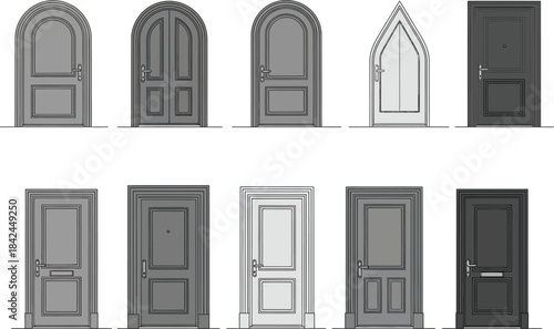 Minimalist cad style door set for architectural projects vector collection isolated on transparent background