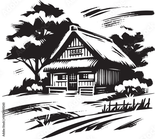 Rustic thatched cottage illustration in sumi-e art style, rural