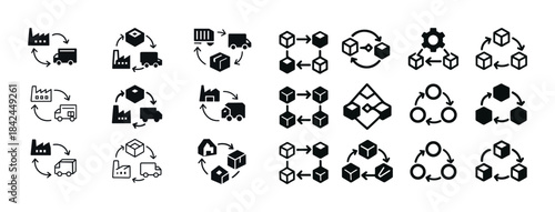Industrial supply chain and logistics icon set in black and whit