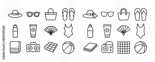 Summer beach icons: hat, sunglasses, bag, flip-flops, swimsuit,