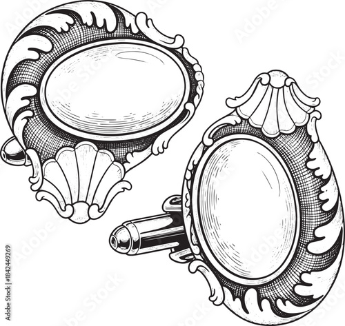 Engraved victorian cufflinks illustration, decorative clothing a