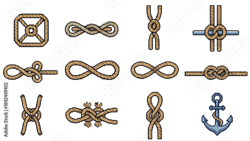 Pixel art knots with nautical anchor on white background