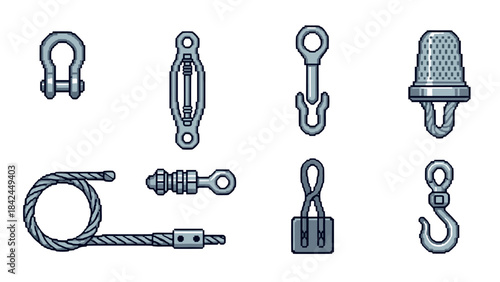 Detailed industrial metal components for rigging and lifting in pixel art style