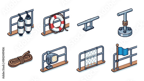 Isometric nautical equipment icons set with railing and safety gear