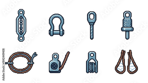 Maritime icon set featuring nautical equipment in pixel art style