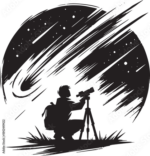 Silhouette stargazer enjoying night sky observing meteor shower