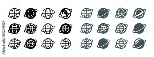 Collection of various globe and planet icons in black and white