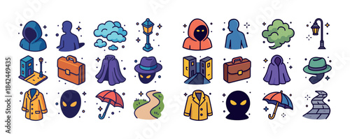 Collection of mysterious icons featuring cloaked figures, alien