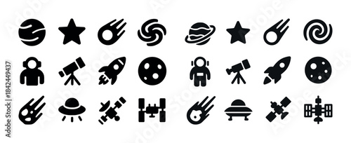 Space icons: rockets, planets, stars, astronauts, telescopes