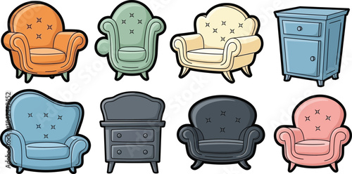 Minimalist cad style armchair and cabinet set for cad projects vector furniture collection isolated on transparent background