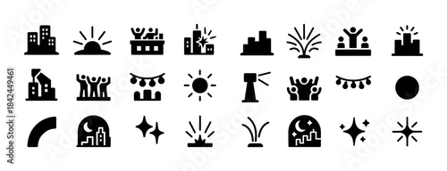 Set of city icons with buildings, sun, and celebration symbols