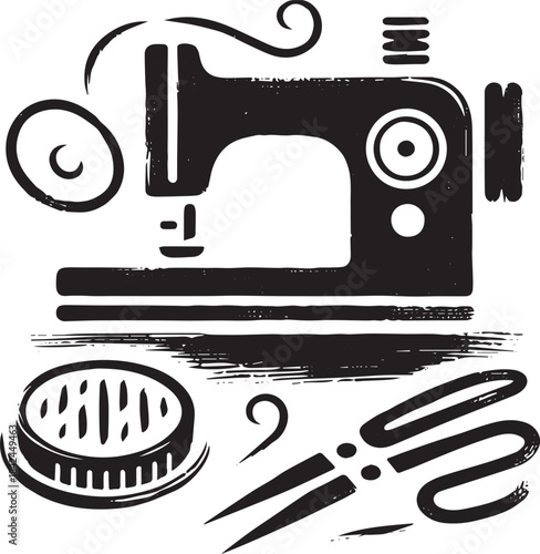 Vintage sewing equipment illustration in sumi-e style, sewing ma