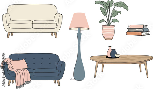 Minimalist cad style living room furniture set vector for cad projects isolated on transparent background