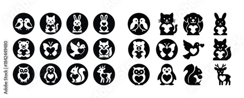 Cute animal icons with heart motifs in black circles