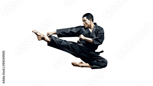 Polygonal martial artist kicking in mid-air with geometric precision