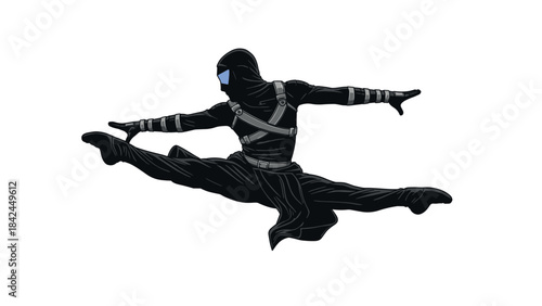 Ninja in dynamic jump with mask and black outfit on white background