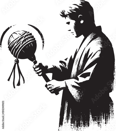 Monochrome Illustration of Man Playing Traditional Gourd Rattle