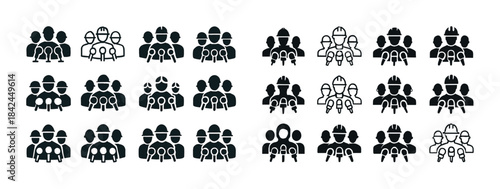 Silhouettes of diverse construction workers in various helmets a