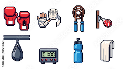 Pixel art boxing equipment set featuring gloves, jump rope, and timer