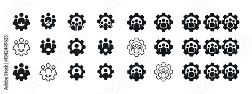 Set of people and gears icons for teamwork and collaboration con