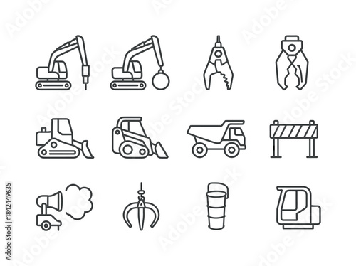 Demolition Equipment Icons. Demolition Equipment. Line icon set