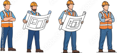 Minimalist cad style construction worker set with blueprints for cad project isolated on transparent background
