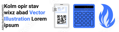 QR code payment receipt on mobile, digital calculator, and flame icon in blue theme. Ideal for finance, technology, accounting, mobile payment, security, energy simple landing page