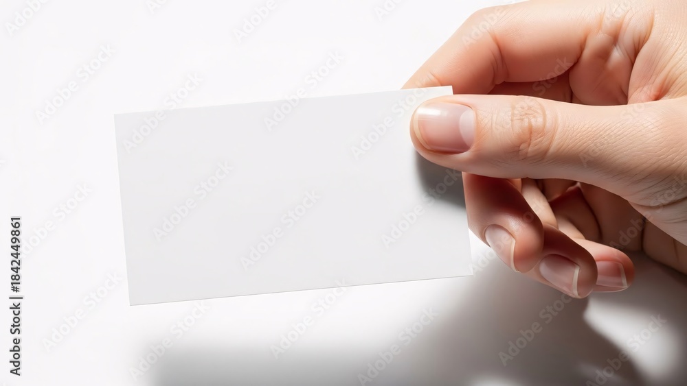 Obraz premium Hand holding a blank white business card isolated on white background