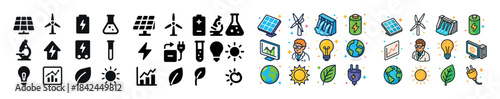 Renewable energy icons featuring solar wind and eco elements