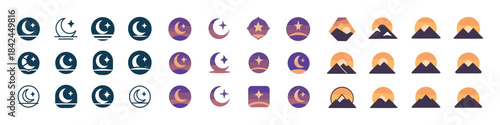 Celestial and mountain icon collection: stars, moons, peaks, sun