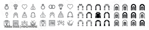 Wedding icon set: rings, chapel, cake, bouquet, arch, tuxedo, dr
