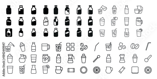 Variety of beverage icons: bottles, glasses, cups, and straws in