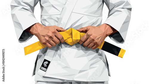 Low poly martial artist fastens belt in geometric design