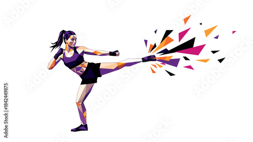 Geometric polygonal martial artist kicking with dynamic abstract shapes