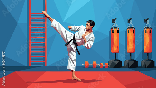 Geometric martial artist practicing karate kick in colorful gym setting