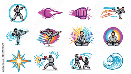 Dynamic pixel art martial arts icons with explosive energy effects