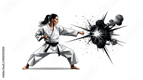 Dynamic martial artist punch with explosive energy in polygon art style